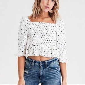American Eagle Outfitters White and Black Polka Dot Blouse